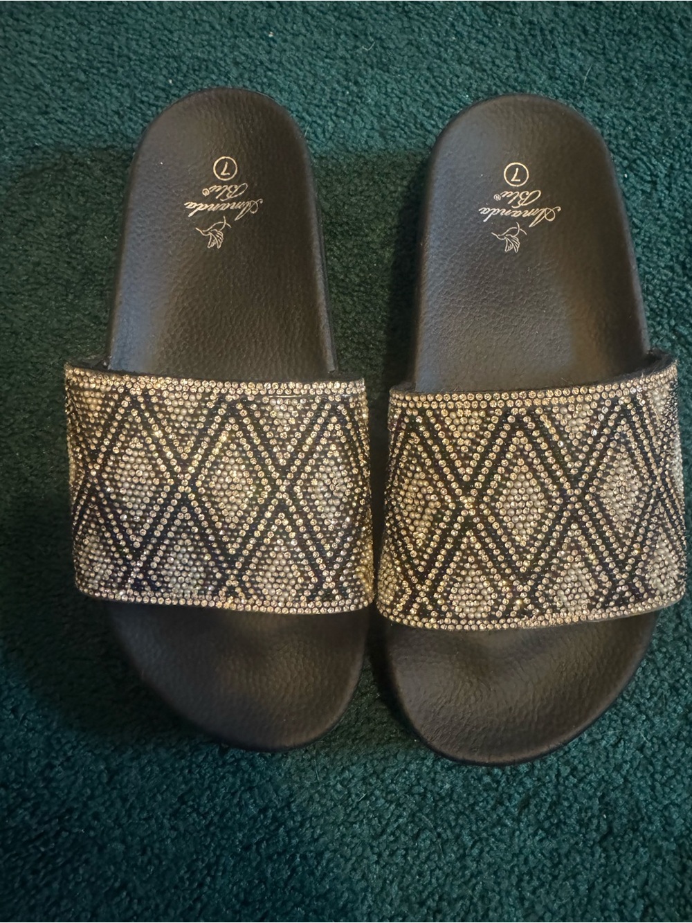 NWOB Amanda Blu Black Slide Sandals with Sparkling Geometric Band